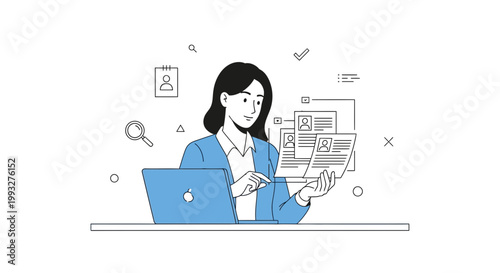 Woman reviewing resumes on laptop, recruitment and hiring concept