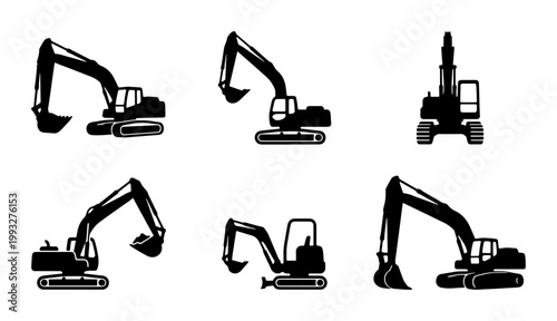 Excavator silhouette vector set, heavy construction machinery icons, industrial digging equipment collection, black earth mover silhouettes for logos