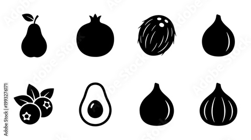 Minimalist fruit icon set, black silhouette food symbols, collection of 8 organic fruit vector elements for grocery and menu design
