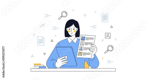 Woman reviewing resumes on tablet and paper, HR, recruitment, job search, hiring process