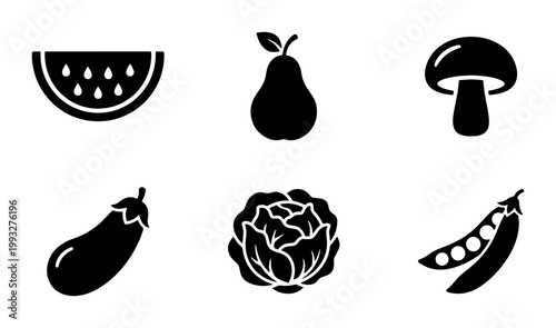 Minimalist fruit and vegetable icons set, black solid food silhouettes, 6 organic produce vector elements for grocery and menu design