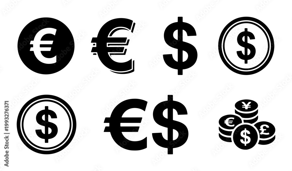 Obraz premium Currency symbol icon set with dollar and euro signs, black flat money vector elements, financial coin graphics for banking and e-commerce interfaces