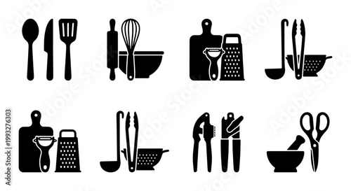 Minimalist kitchen utensils icon set, black silhouette cooking equipment collection, professional culinary tools vector for restaurant menu and food blog