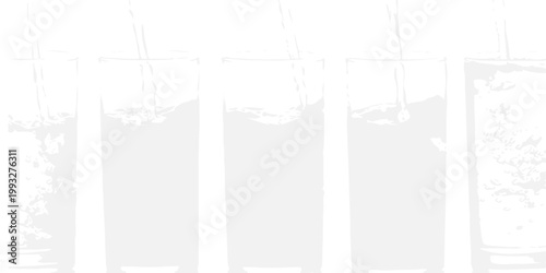 Abstract grunge vector background with copy space featuring a clean transparent glass of cold fresh milk and a clear water bottle reflecting purity on a white isolated healthy liquid object