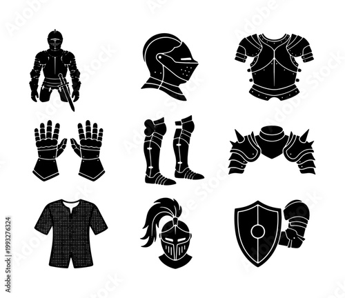 Medieval knight armor set, black silhouette warrior equipment icons, 9 ancient soldier protection elements, historical battle gear vector