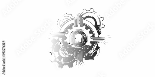 3D vector illustration of a skull and bones with a skeleton key and chain integrated into a mechanical gear and steel cogwheel engine design representing industrial technology and engineering