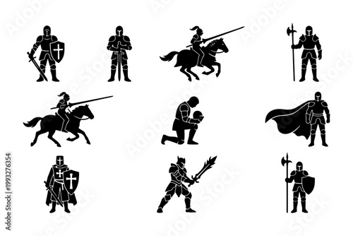 Medieval knight silhouettes set, 10 armored warrior icons with swords and shields, black crusader soldier vector graphics for gaming and history