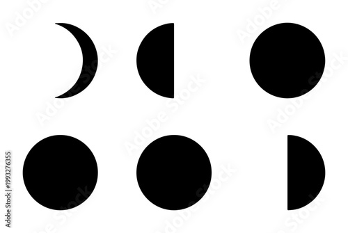 Minimalist moon phases vector set, black lunar cycle icons on white background, celestial astronomy symbols for calendar and tattoo design
