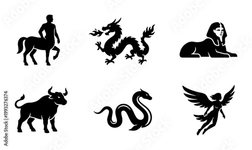 Mythological creatures silhouette icons set, ancient fantasy monsters vector collection, black dragon centaur sphinx and minotaur graphics for gaming