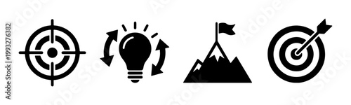 Business goal icons set, black minimalist target and strategy symbols, 4 vector elements for success and achievement, mountain peak with flag and lightbulb