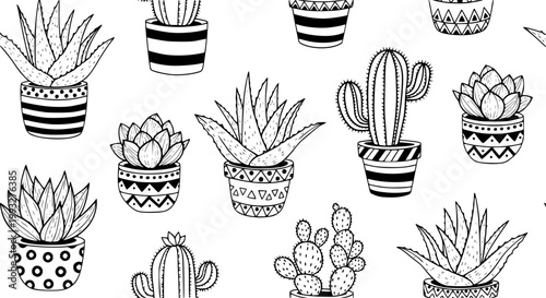 Cute doodle cactus and aloe potted plant seamless pattern black and white vector botanical design