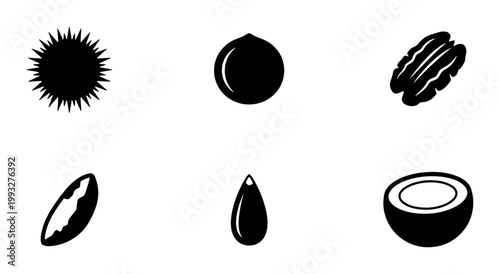 Minimalist nut and seed icons set, black silhouette vector collection of 6 food elements, organic snack symbols for packaging design