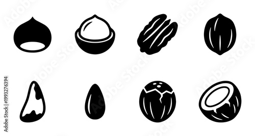 Minimalist nut icon set with 8 vector elements, black silhouette nut symbols including almond, hazelnut, pecan, and coconut, organic food graphic resources