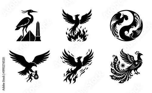 Mythological bird vector icons set, black phoenix and peacock silhouettes, ancient egyptian heron and eagle symbols, 6 mystical avian illustrations