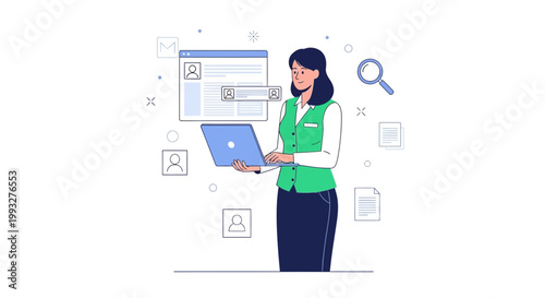 Woman using laptop for online search and recruitment, digital interface, business concept