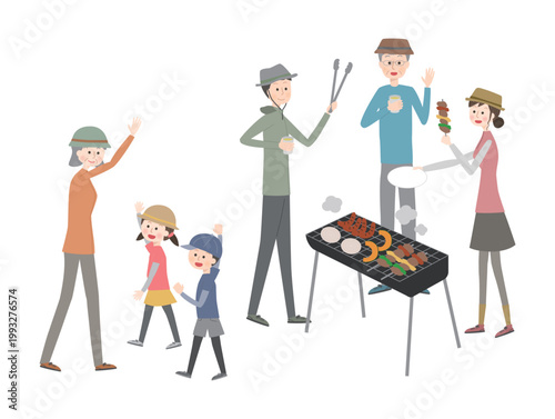 バーベキューを楽しむ三世代家族