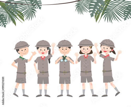 ジャングルにいる探検隊の格好をしている子供たち