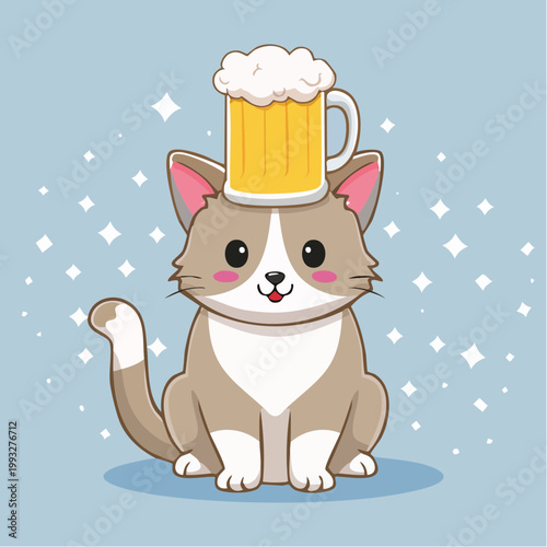 Cute Cat with Beer Mug on Head