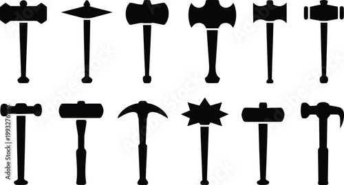 A collection of various hammer and axe tool silhouettes displayed on a clean white background