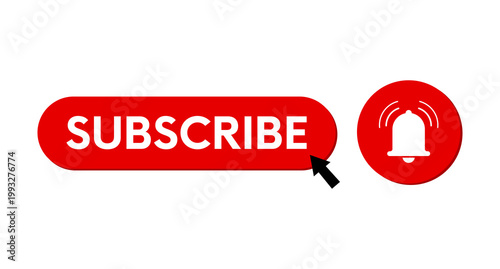 Foto Subscribe Button and Bell Notification Icon with Clicker Arrow, Social Media Channel Subscription, Vector Element on Transparent Background