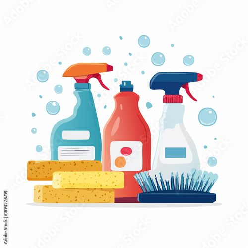 Cleaning Supplies with Sponges and Brush