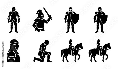 Medieval knight silhouette icons set, 8 black vector warrior elements with armor and swords, ancient soldier on horseback and kneeling paladin