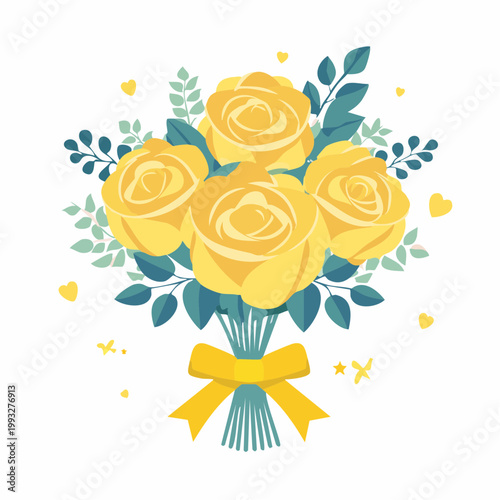 Bouquet of Yellow Roses with Ribbon and Hearts