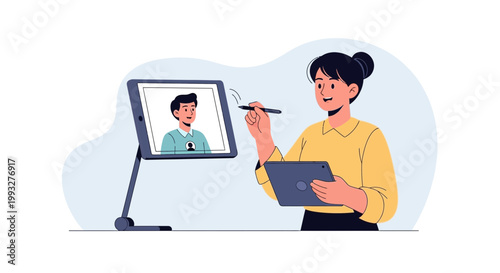 Woman using tablet for video call, online meeting, remote work, digital communication