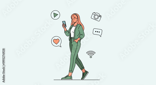 Woman walking with smartphone, surrounded by social media icons and technology symbols