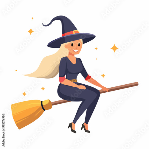 Cartoon Witch Flying on Broomstick with Stars