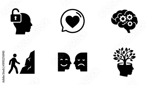 Mental health icons set, psychology and emotional intelligence vector symbols, human brain and mind growth illustrations for therapy and wellness