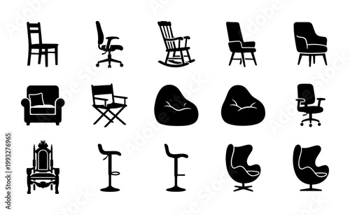 Minimalist chair silhouette icons, 15 furniture vector elements, modern seating collection for interior design and home decor planning