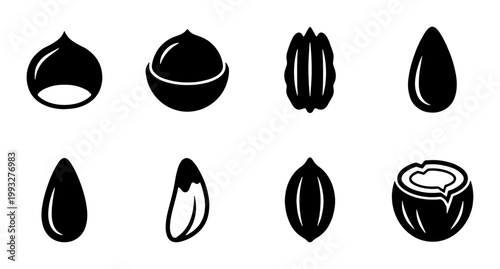 Minimalist nut and seed icons set, black silhouette food vector collection, organic almond hazelnut and coconut symbols for packaging design