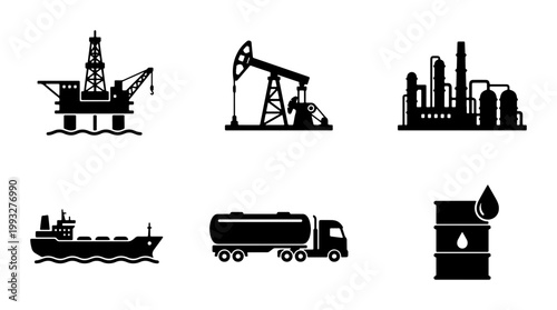 Industrial oil and gas icon set, black silhouette petroleum industry symbols, offshore rig and refinery plant vector collection for energy infographics