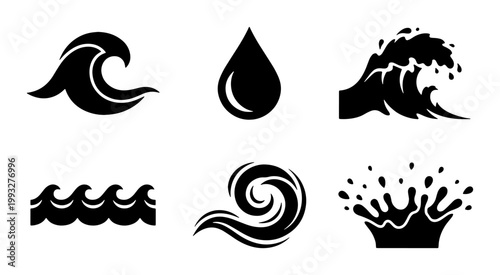 Minimalist ocean wave icons, black water drop and splash vector set, 6 nautical sea elements for logo design and branding