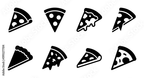 Minimalist pizza slice icon set, black and white vector pizza collection, 8 food graphic elements for restaurant menus and delivery apps