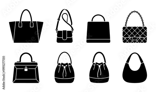 Fashion handbag icon set, black silhouette women bags and purses collection, 8 vector luxury accessory elements for retail and shopping design