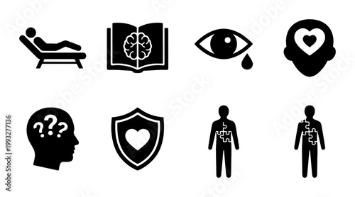 Mental health icons set, psychology and therapy vector symbols, psychiatric counseling and emotional wellness graphics, 8 black flat icons