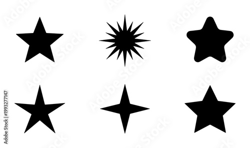 Minimalist black star icons set, collection of 6 geometric star silhouettes. flat vector starburst and sparkle symbols for rating and ranking UI design