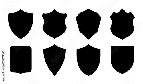 Heraldic shield silhouettes set, 8 black crest vector icons, medieval security badge shapes for logo design and branding identity