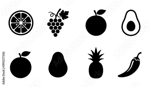 Minimalist fruit icon set with 8 black silhouettes, organic food symbols for grocery branding, flat vector fruit illustrations for menu design