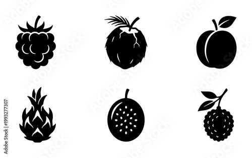 Minimalist black fruit icons set, 6 tropical fruit vector silhouettes, flat organic food symbols including dragon fruit coconut and raspberry