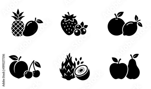 Minimalist fruit icon set with 6 vector illustrations, black silhouette fruit symbols for grocery and food packaging, organic produce glyph collection