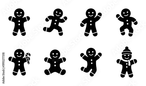 Gingerbread man icon set, black silhouette Christmas cookie collection, 8 holiday biscuit vector elements for winter celebration and festive decor