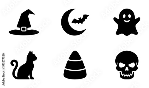 Foto Halloween silhouette icons set, black spooky vector elements with ghost and skul