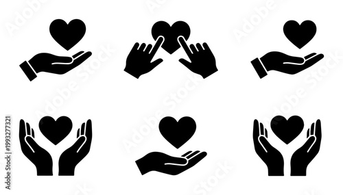 Charity and care icon set, black hands holding heart symbols, 6 vector elements for donation and volunteering concepts, minimalist love and support graphics