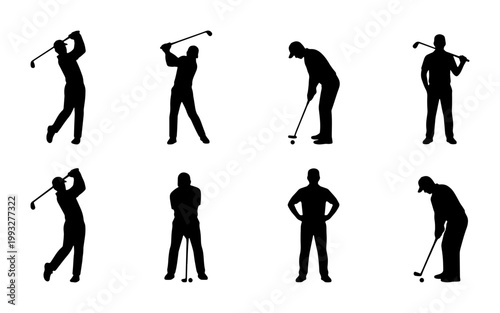 Golf player silhouettes set, professional golfer swinging club and putting ball, 8 male athlete figures in action poses, black vector icons