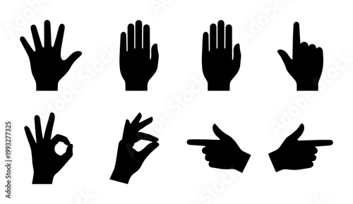Black hand silhouettes collection, set of 8 human hand gestures and finger signs, flat vector icons for communication and interface design