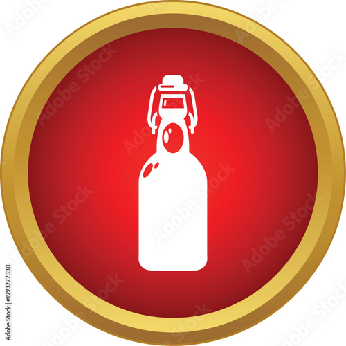 White flip top glass bottle appearing on a red circular button with a gold frame