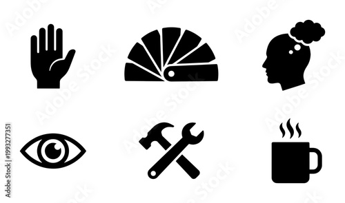 Minimalist black icons set, 6 flat vector elements including hand, color palette, and head profile, creative work and maintenance symbols